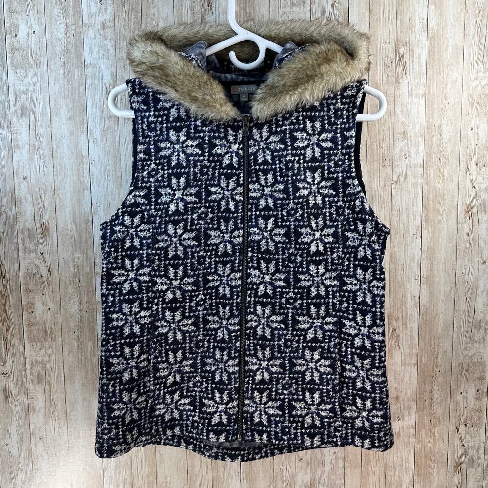 T By Talbots Vest Womens M Navy White Snowflake Faux Fur Hood Nordic Warm Cozy‎